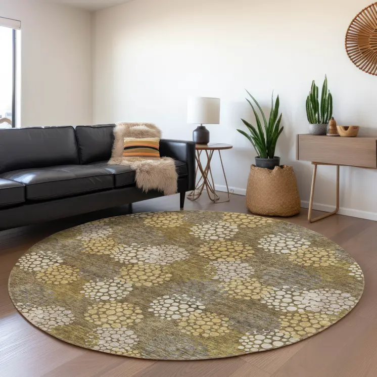 8' Brown Beige And Ivory Round Polka Dot Washable Indoor Outdoor Area Rug