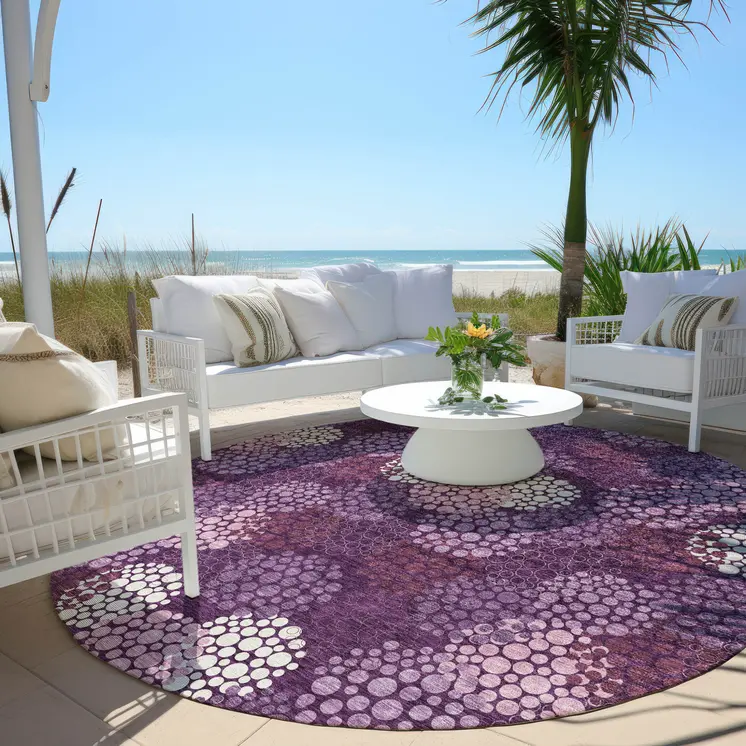 8' Eggplant Lavender And Ivory Round Polka Dot Washable Indoor Outdoor Area Rug