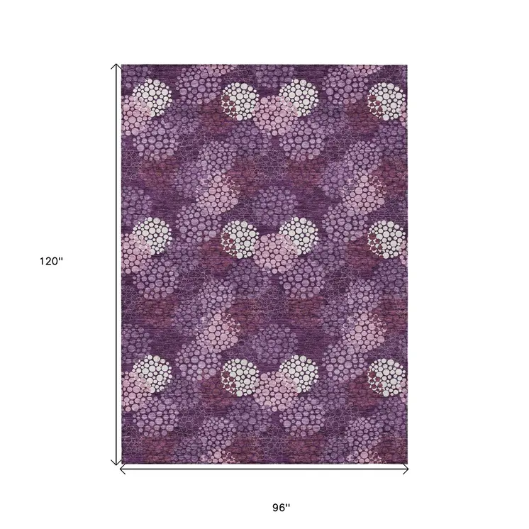 8' X 10' Eggplant Lavender And Ivory Polka Dot Washable Indoor Outdoor Area Rug
