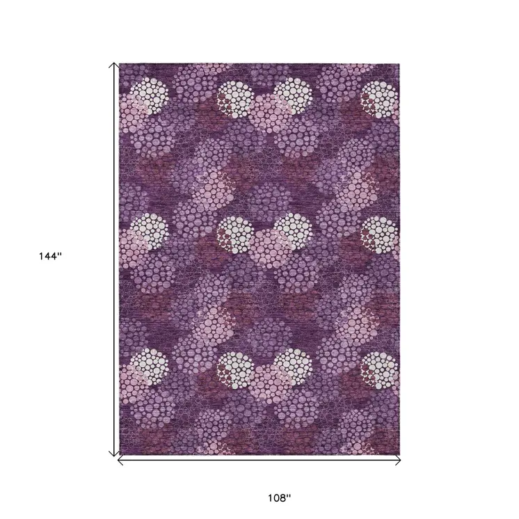 9' X 12' Eggplant Lavender And Ivory Polka Dot Washable Indoor Outdoor Area Rug
