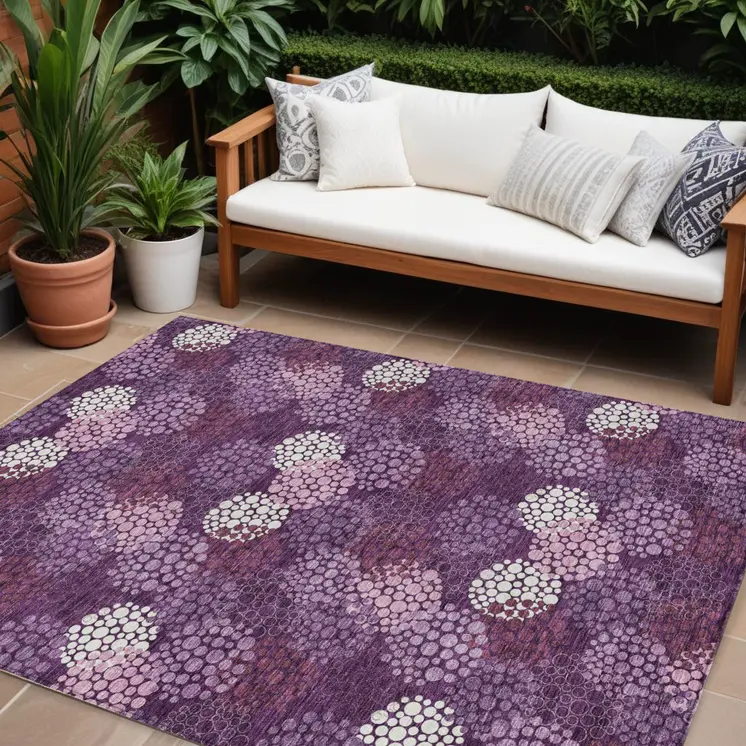 9' X 12' Eggplant Lavender And Ivory Polka Dot Washable Indoor Outdoor Area Rug