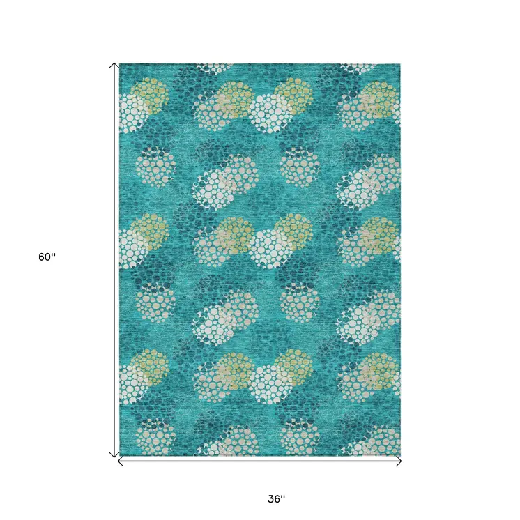 3' X 5' Emerald Gray And Ivory Polka Dot Washable Indoor Outdoor Area Rug