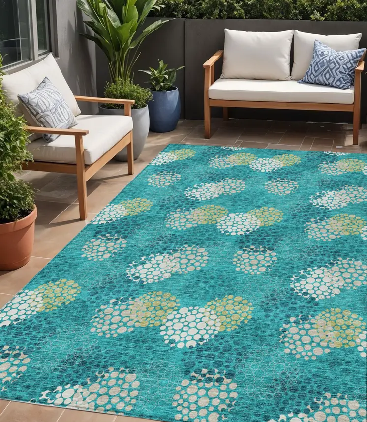 5' X 8' Emerald Gray And Ivory Polka Dot Washable Indoor Outdoor Area Rug