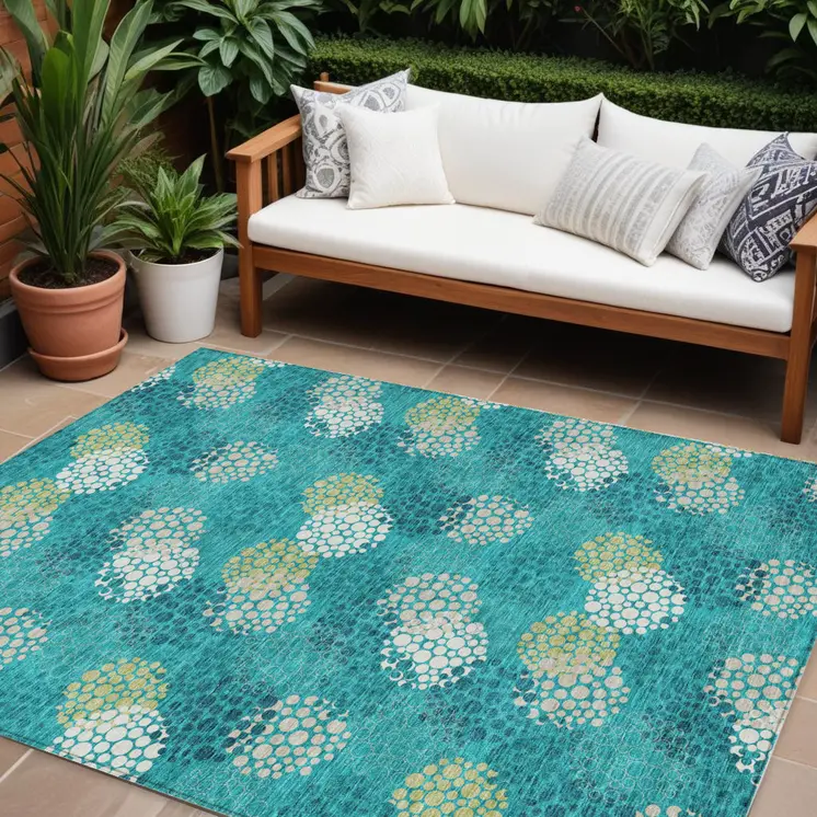 8' X 10' Emerald Gray And Ivory Polka Dot Washable Indoor Outdoor Area Rug