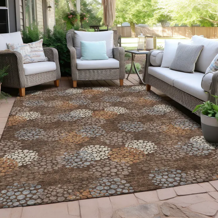 5' X 8' Brown Gray And Ivory Polka Dot Washable Indoor Outdoor Area Rug