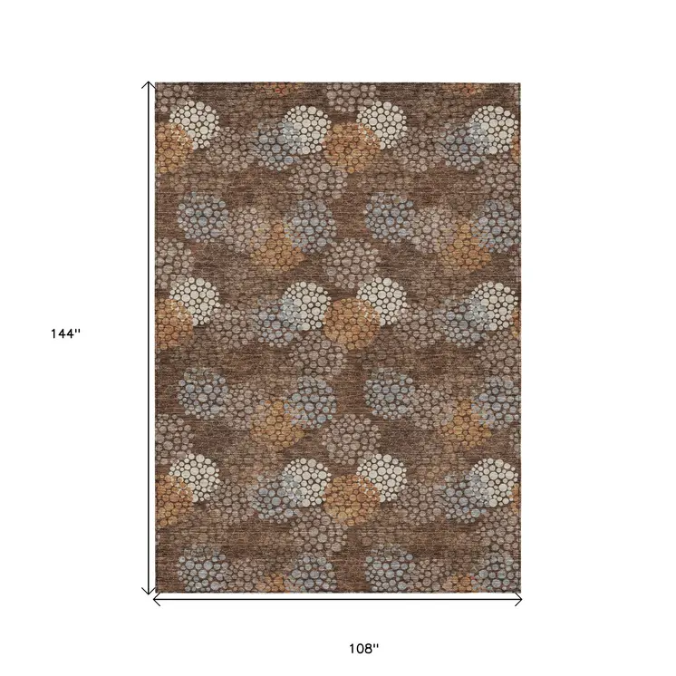9' X 12' Brown Gray And Ivory Polka Dot Washable Indoor Outdoor Area Rug