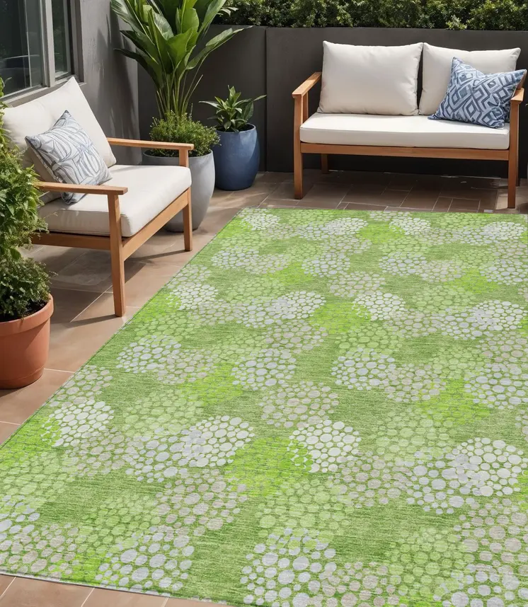 5' X 8' Green Ivory And Gray Polka Dot Washable Indoor Outdoor Area Rug