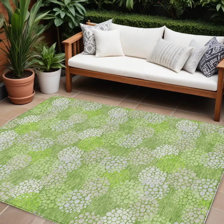8' X 10' Green Ivory And Gray Polka Dot Washable Indoor Outdoor Area Rug