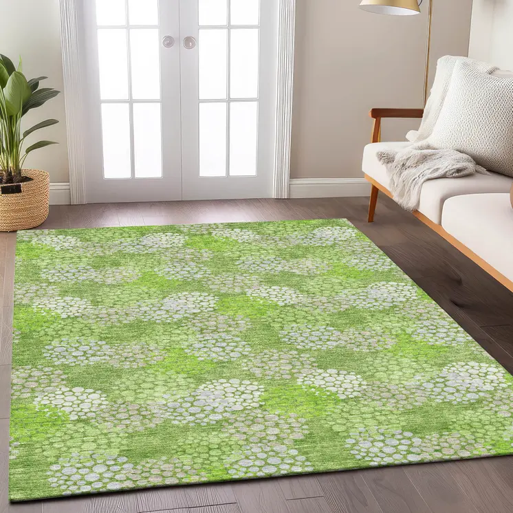8' X 10' Green Ivory And Gray Polka Dot Washable Indoor Outdoor Area Rug