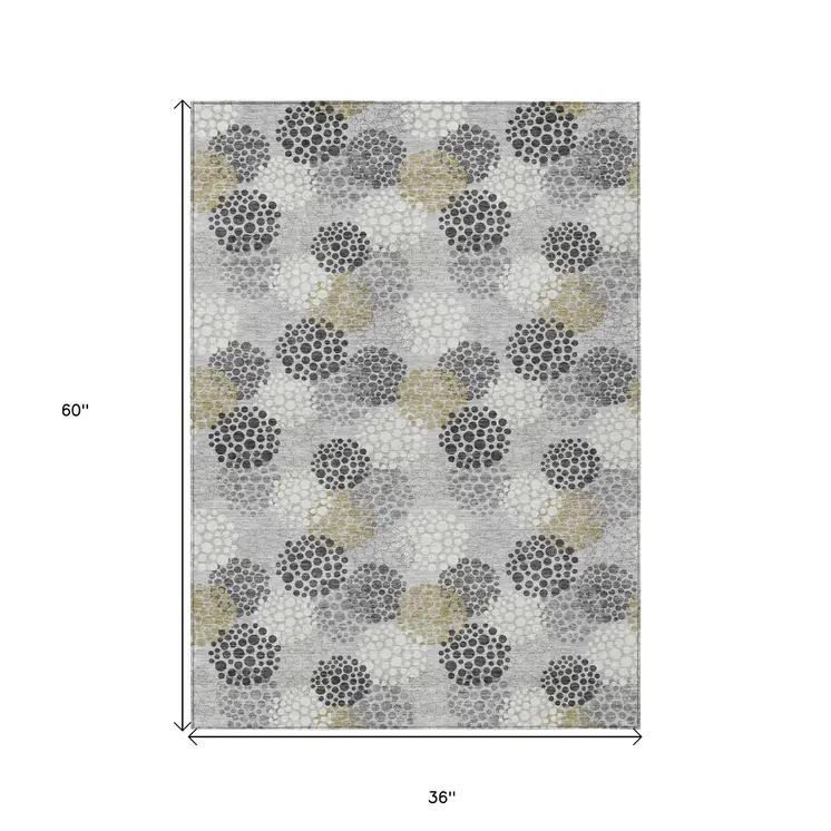 3' X 5' Gray Silver And Ivory Polka Dot Washable Indoor Outdoor Area Rug