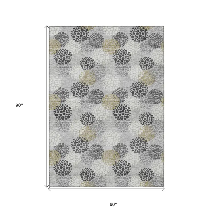 5' X 8' Gray Silver And Ivory Polka Dot Washable Indoor Outdoor Area Rug