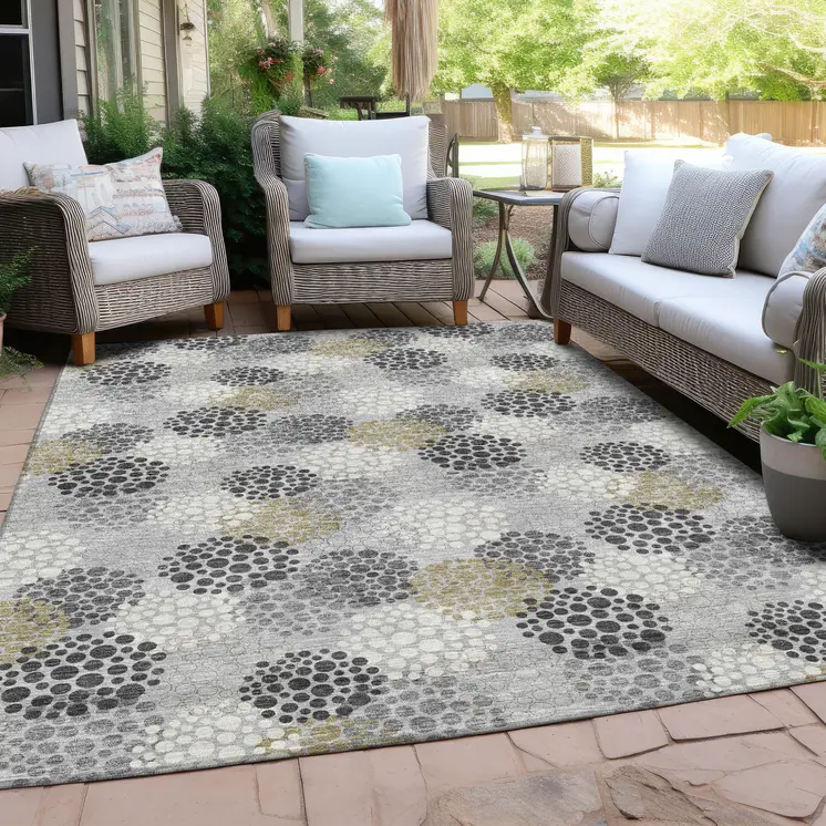 5' X 8' Gray Silver And Ivory Polka Dot Washable Indoor Outdoor Area Rug