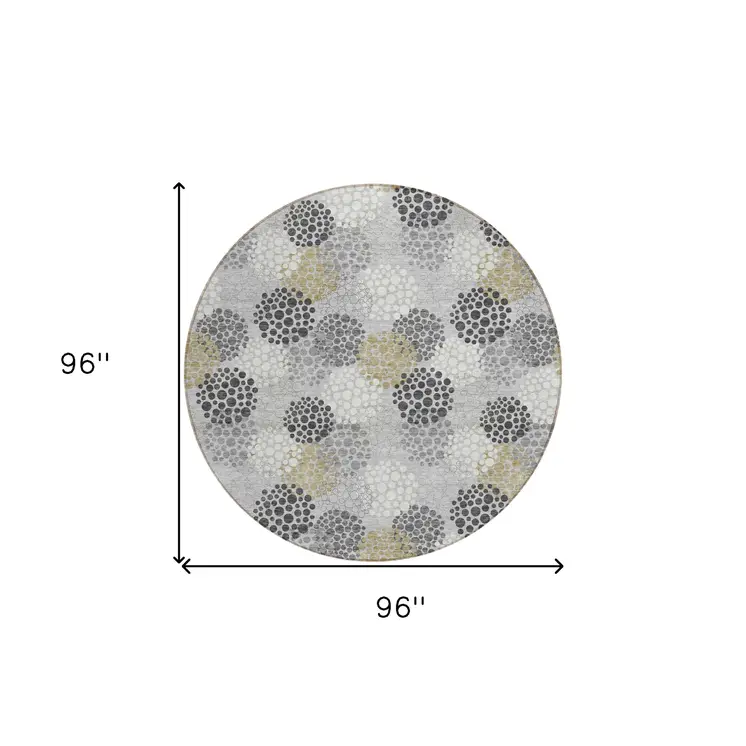 8' Gray Silver And Ivory Round Polka Dot Washable Indoor Outdoor Area Rug