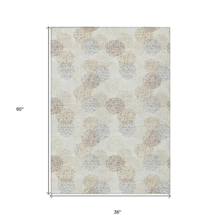 3' X 5' Ivory Brown And Gray Polka Dot Washable Indoor Outdoor Area Rug