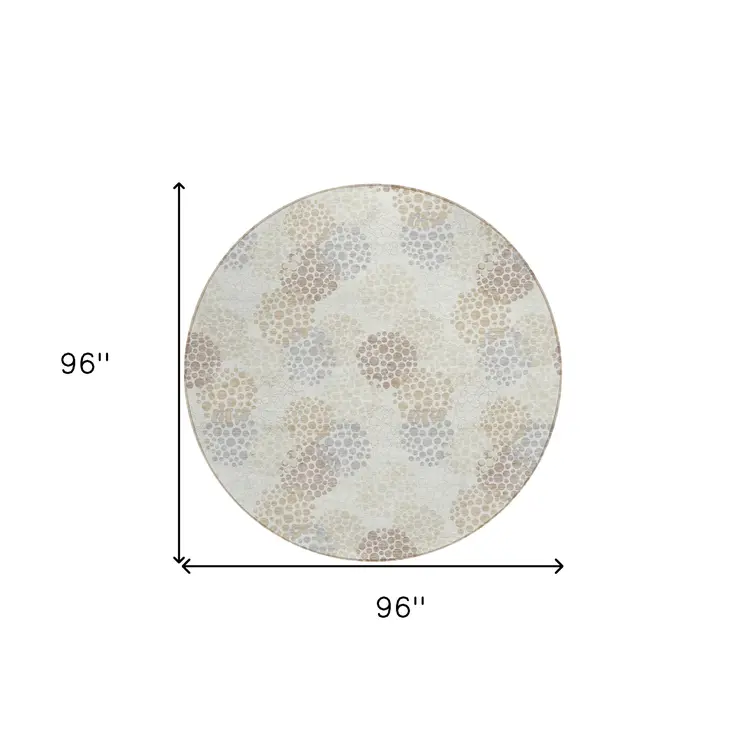 8' Ivory Brown And Gray Round Polka Dot Washable Indoor Outdoor Area Rug