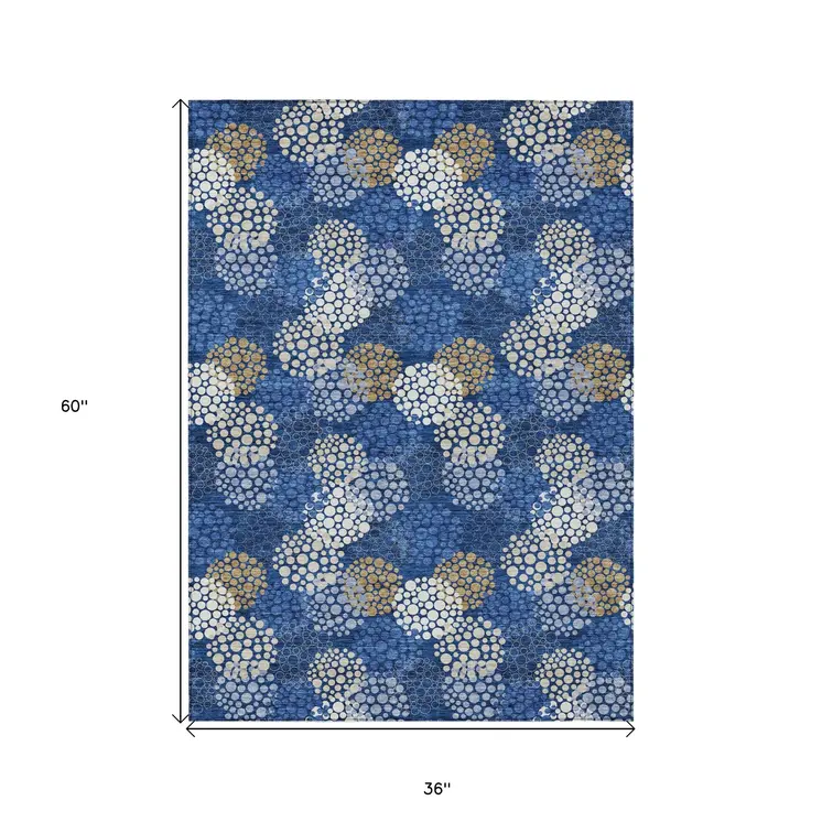 3' X 5' Navy Blue Brown And Ivory Polka Dot Washable Indoor Outdoor Area Rug