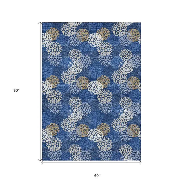 5' X 8' Navy Blue Brown And Ivory Polka Dot Washable Indoor Outdoor Area Rug
