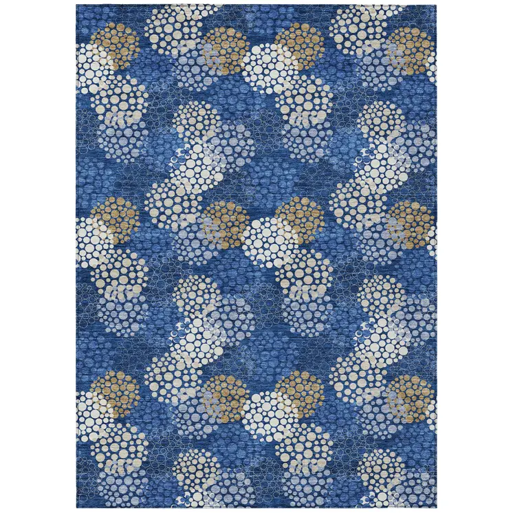 5' X 8' Navy Blue Brown And Ivory Polka Dot Washable Indoor Outdoor Area Rug