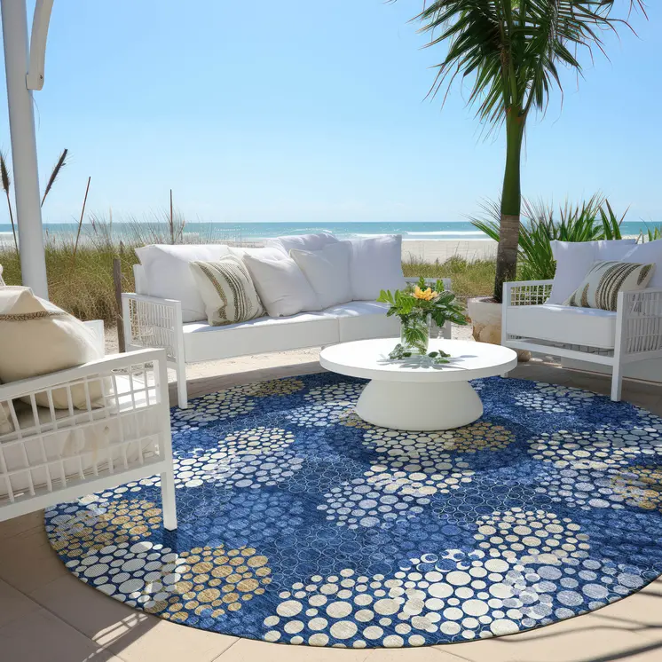 8' Navy Blue Brown And Ivory Round Polka Dot Washable Indoor Outdoor Area Rug
