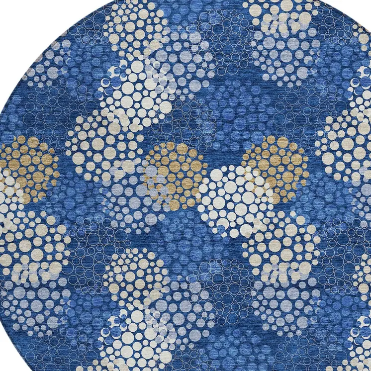 8' Navy Blue Brown And Ivory Round Polka Dot Washable Indoor Outdoor Area Rug