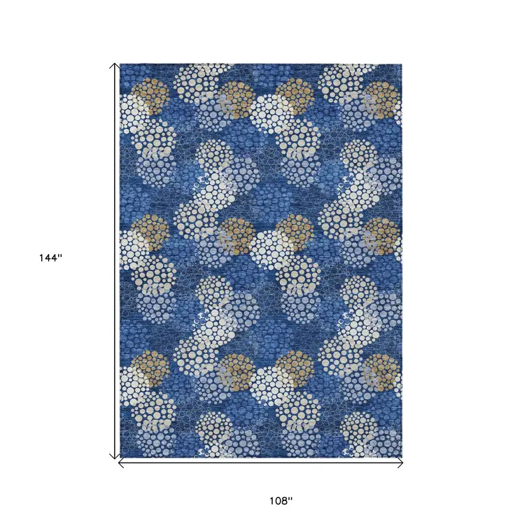 9' X 12' Navy Blue Brown And Ivory Polka Dot Washable Indoor Outdoor Area Rug