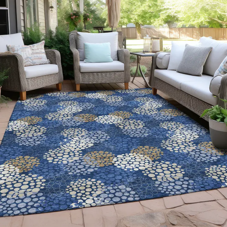 9' X 12' Navy Blue Brown And Ivory Polka Dot Washable Indoor Outdoor Area Rug