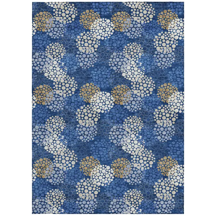 10' X 14' Navy Blue Brown And Ivory Polka Dot Washable Indoor Outdoor Area Rug