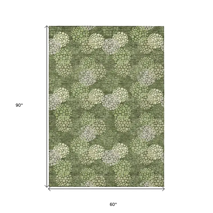 5' X 8' Olive Green And Gray Polka Dot Washable Indoor Outdoor Area Rug
