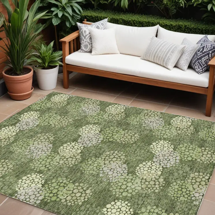 8' X 10' Olive Green And Gray Polka Dot Washable Indoor Outdoor Area Rug
