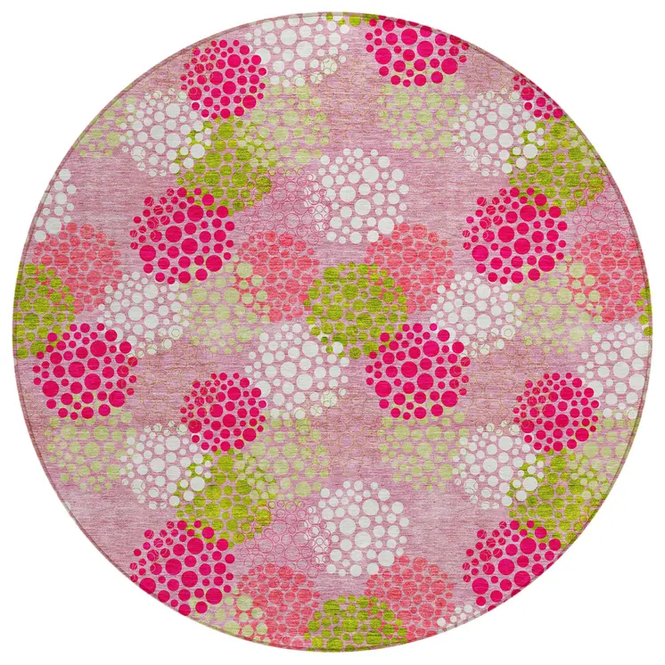 8' Pink Green And Ivory Round Polka Dot Washable Indoor Outdoor Area Rug