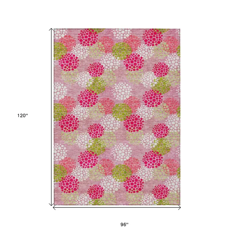 8' X 10' Pink Green And Ivory Polka Dot Washable Indoor Outdoor Area Rug