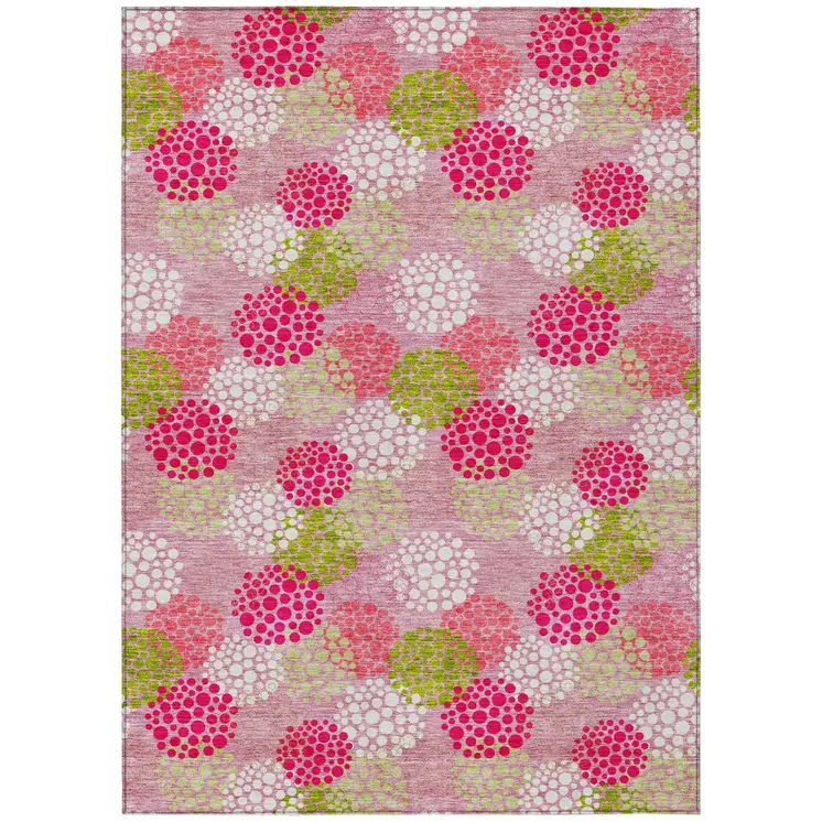 8' X 10' Pink Green And Ivory Polka Dot Washable Indoor Outdoor Area Rug