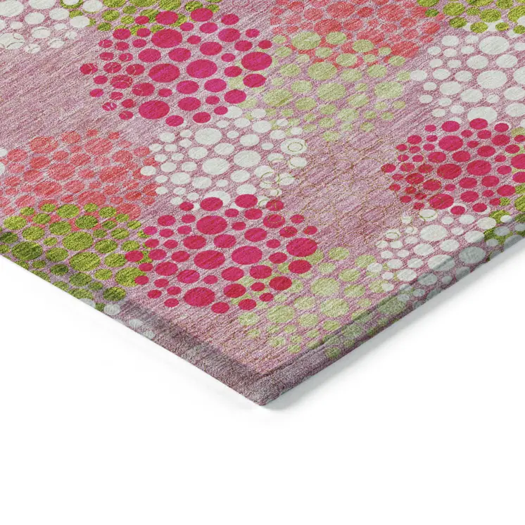 8' X 10' Pink Green And Ivory Polka Dot Washable Indoor Outdoor Area Rug