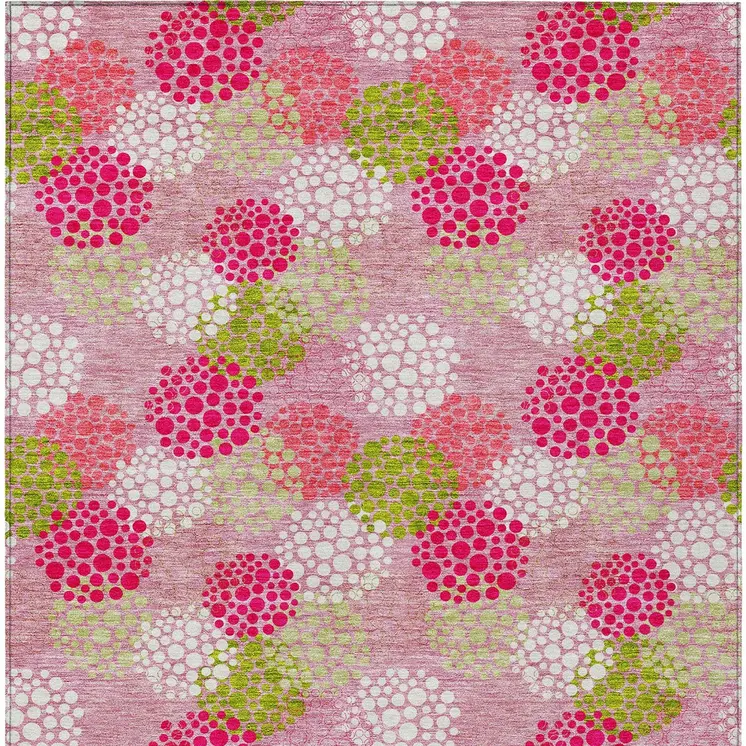 8' X 10' Pink Green And Ivory Polka Dot Washable Indoor Outdoor Area Rug