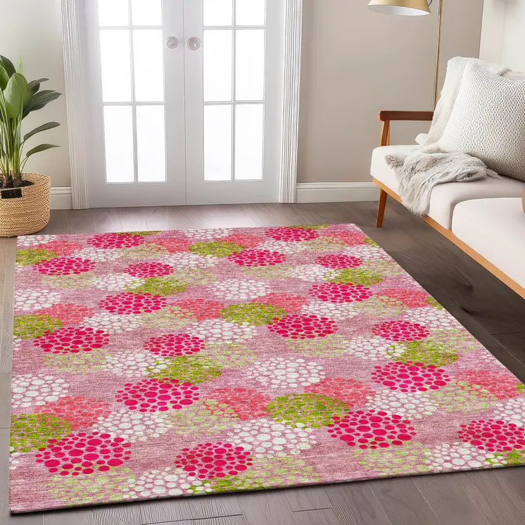 8' X 10' Pink Green And Ivory Polka Dot Washable Indoor Outdoor Area Rug