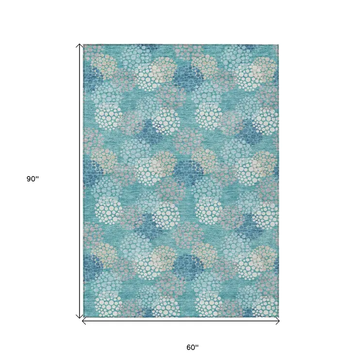 5' X 8' Teal Blue Gray And Ivory Polka Dot Washable Indoor Outdoor Area Rug