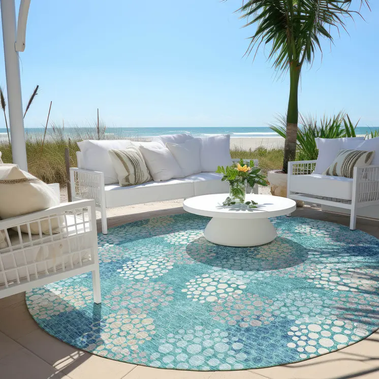 8' Teal Blue Gray And Ivory Round Polka Dot Washable Indoor Outdoor Area Rug