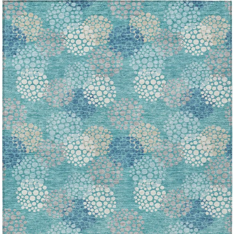 8' X 10' Teal Blue Gray And Ivory Polka Dot Washable Indoor Outdoor Area Rug