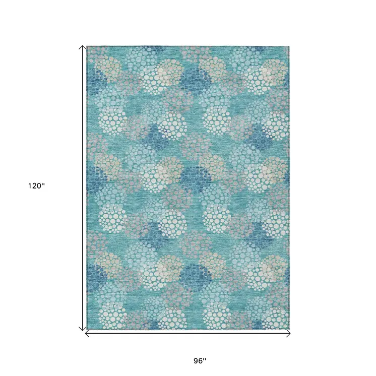 8' X 10' Teal Blue Gray And Ivory Polka Dot Washable Indoor Outdoor Area Rug