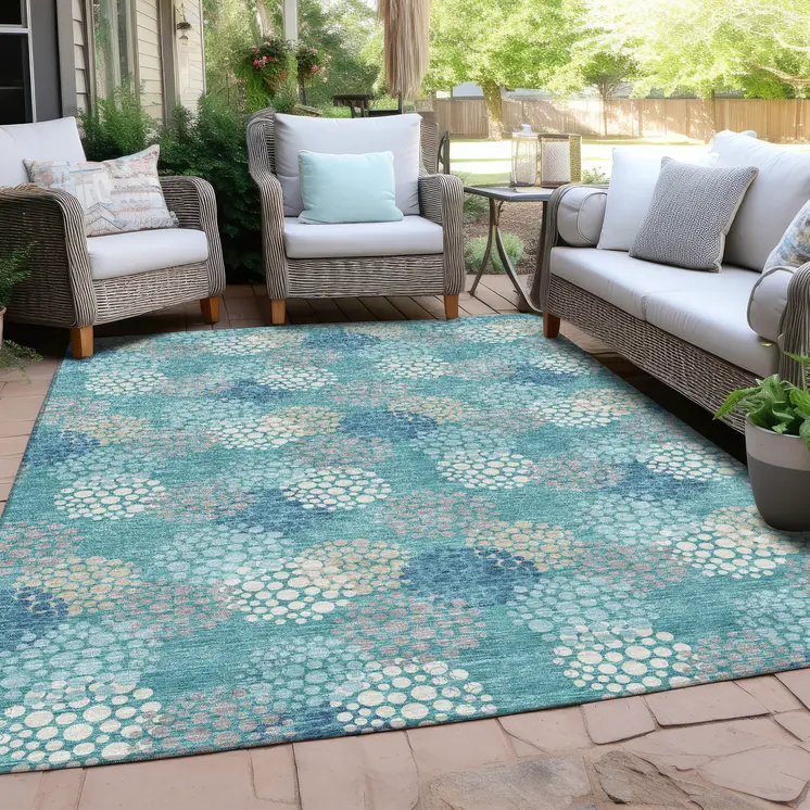 8' X 10' Teal Blue Gray And Ivory Polka Dot Washable Indoor Outdoor Area Rug
