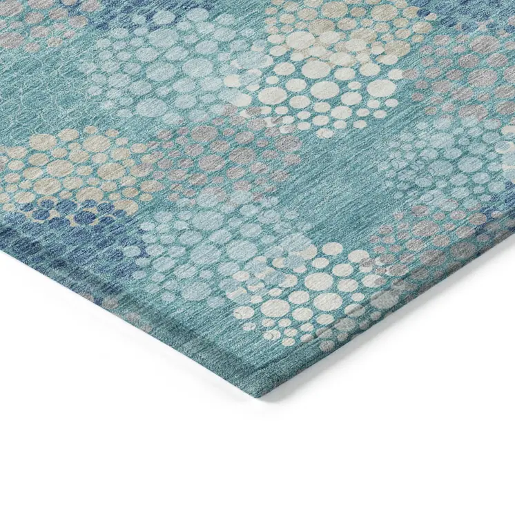 8' X 10' Teal Blue Gray And Ivory Polka Dot Washable Indoor Outdoor Area Rug