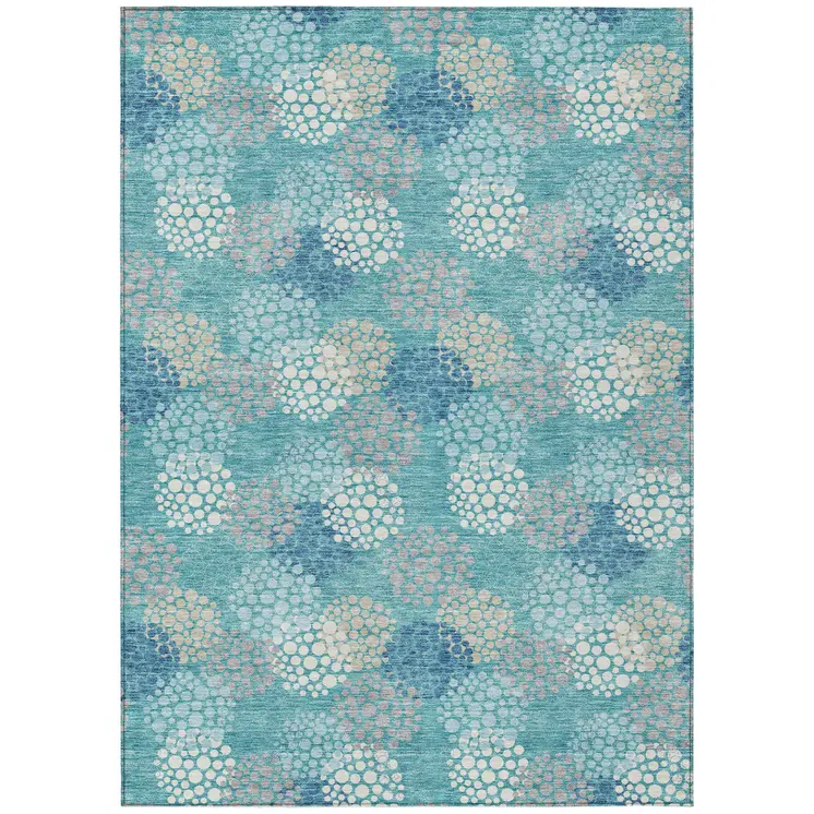 10' X 14' Teal Blue Gray And Ivory Polka Dot Washable Indoor Outdoor Area Rug