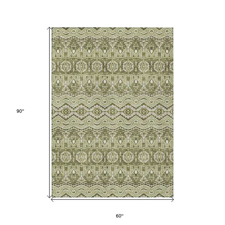 5' X 8' Artichoke Green Gray And Ivory Moroccan Washable Indoor Outdoor Area Rug