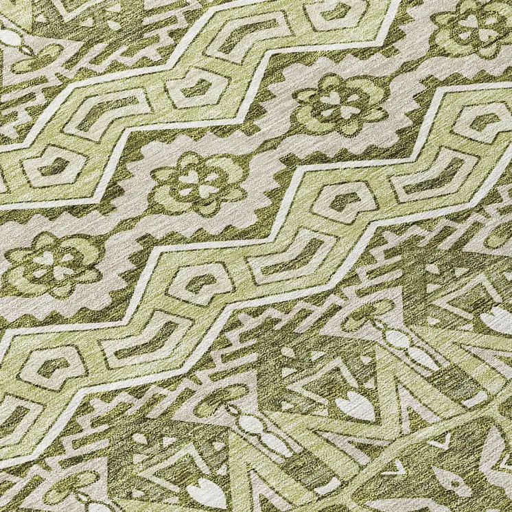 8' Artichoke Green Gray And Ivory Round Moroccan Washable Indoor Outdoor Area Rug