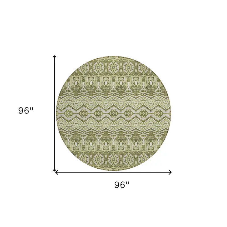 8' Artichoke Green Gray And Ivory Round Moroccan Washable Indoor Outdoor Area Rug