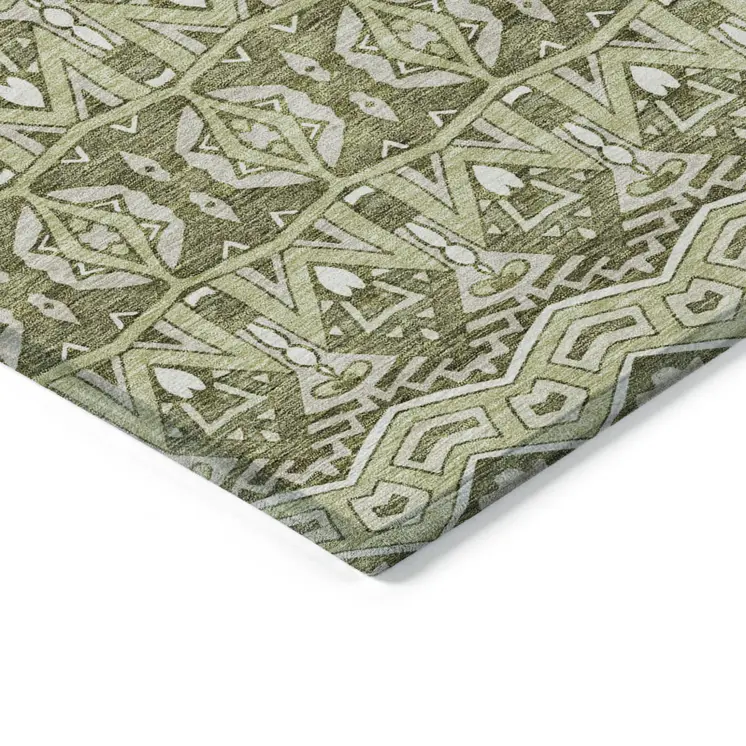 10' X 14' Artichoke Green Gray And Ivory Moroccan Washable Indoor Outdoor Area Rug
