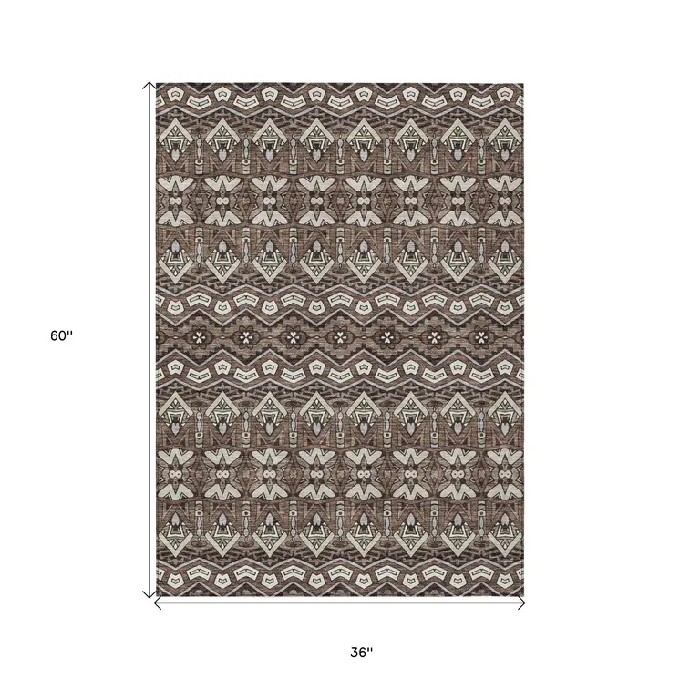3' X 5' Brown Green And Ivory Moroccan Washable Indoor Outdoor Area Rug