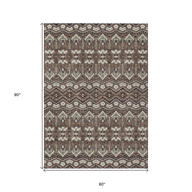 5' X 8' Brown Green And Ivory Moroccan Washable Indoor Outdoor Area Rug