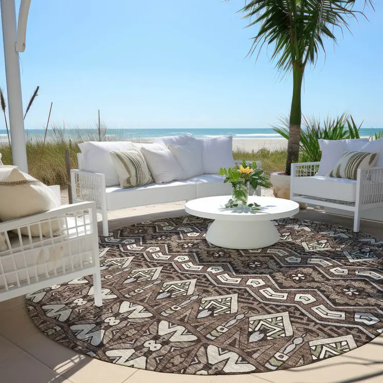 8' Brown Green And Ivory Round Moroccan Washable Indoor Outdoor Area Rug