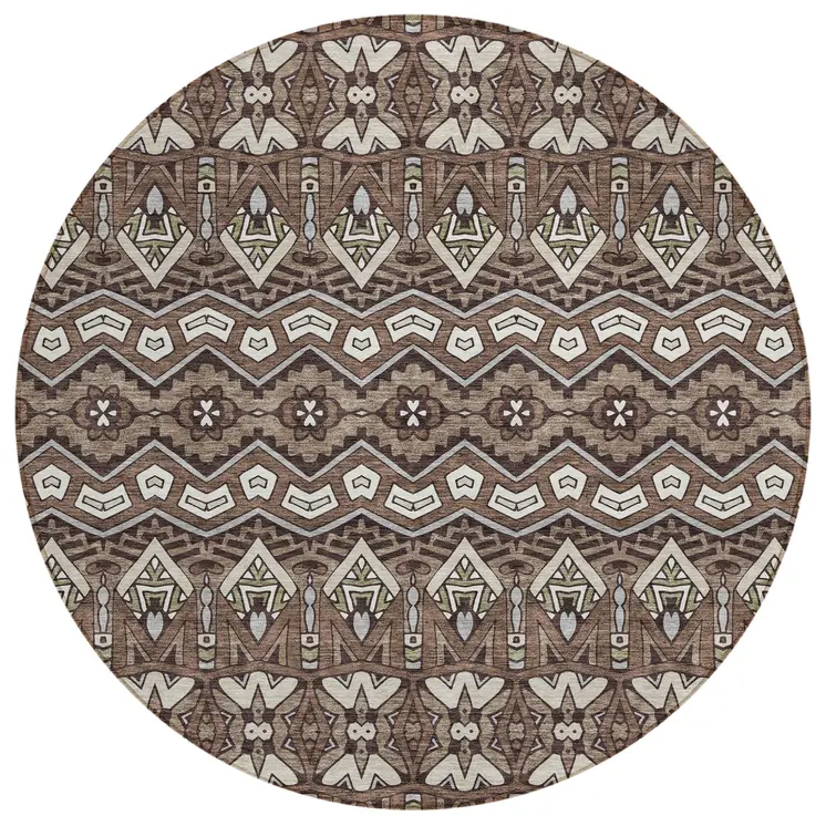 8' Brown Green And Ivory Round Moroccan Washable Indoor Outdoor Area Rug